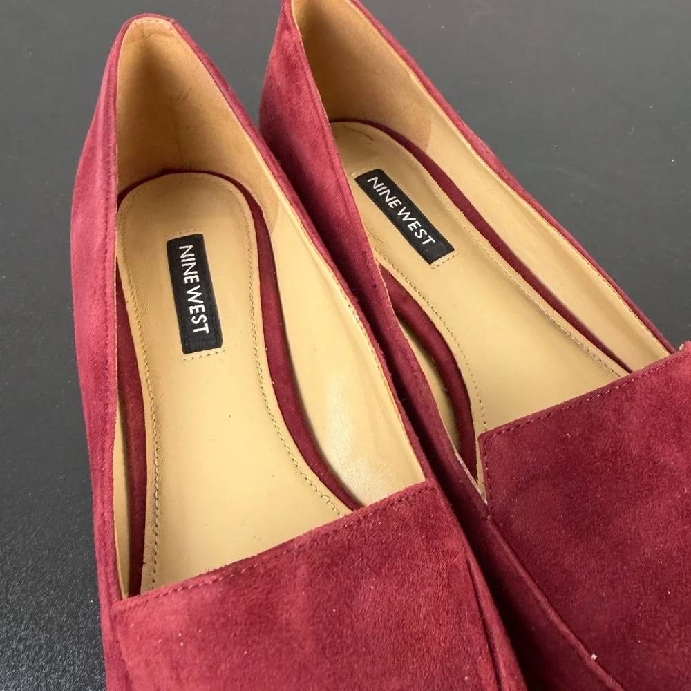 Nine West Abay Loafer Women 7.5M Burgundy Suede Pointed Toe Slip On Flats Career
